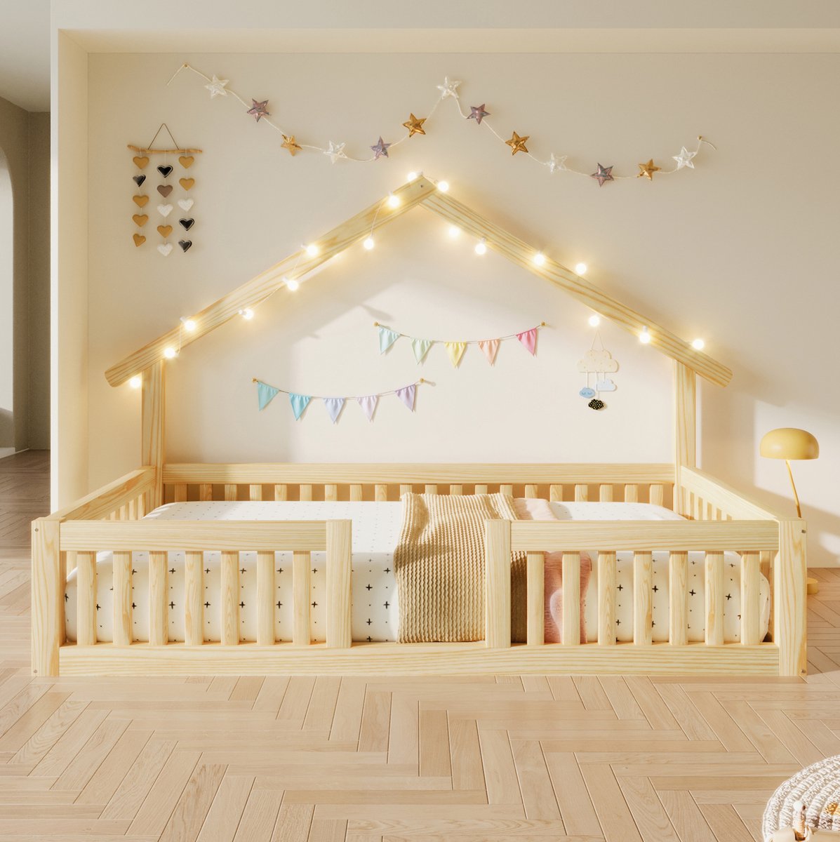 STILVORA Huisbed 90x200 cm - Kinderbed met uitvalbeveiliging en LED verlichting - Speels slaapdesign - Hout - Naturel - Zonder matras