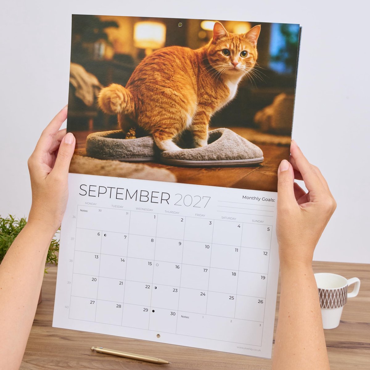 2027 Wandkalender A4 Grappige Kat Poepen Planner Maand om A3 te bekijken wanneer Open - ShopVlot
