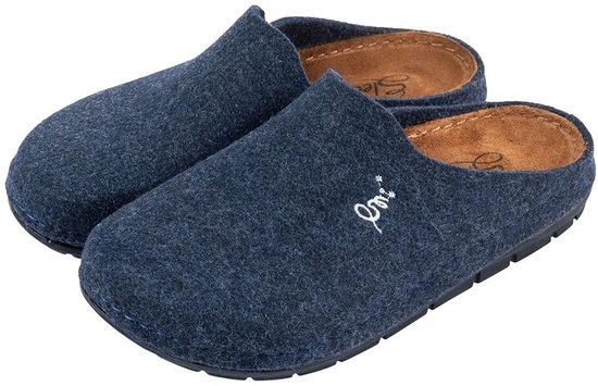 Mules bleu foncé en feutre avec inscription blanche 'Sleepy' et semelle intérieure marron.