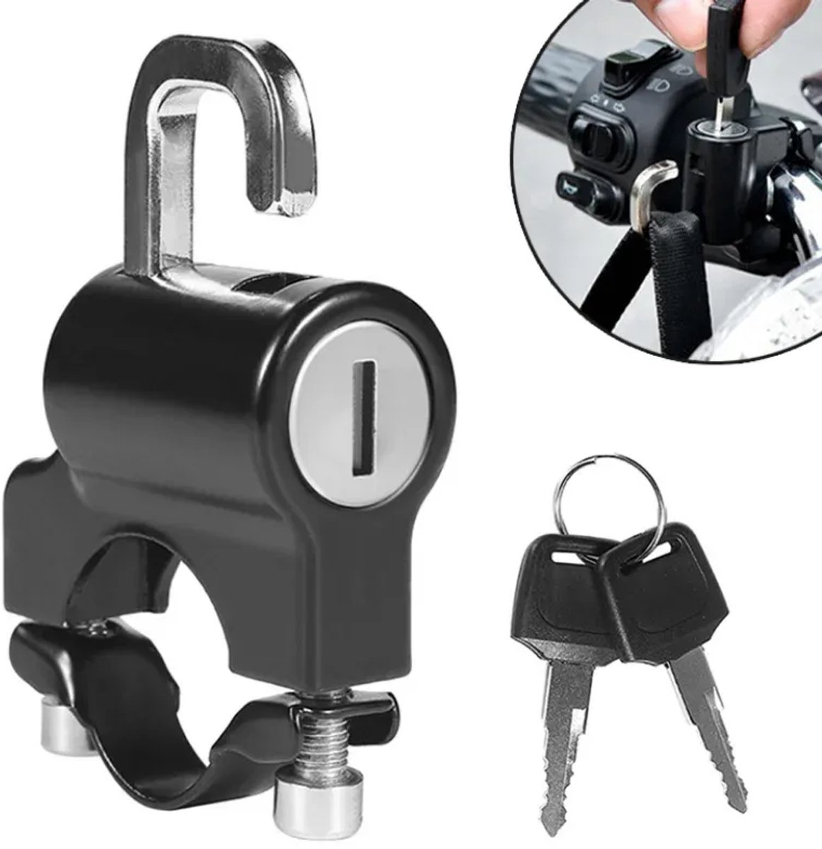 Motorhelm Slot – Universeel Helmslot met Sleutel & Inbussleutel – Anti-Diefstal Helmhaak voor Elektrische Scooter / Motorfiets – Veilig & Eenvoudig te Monteren