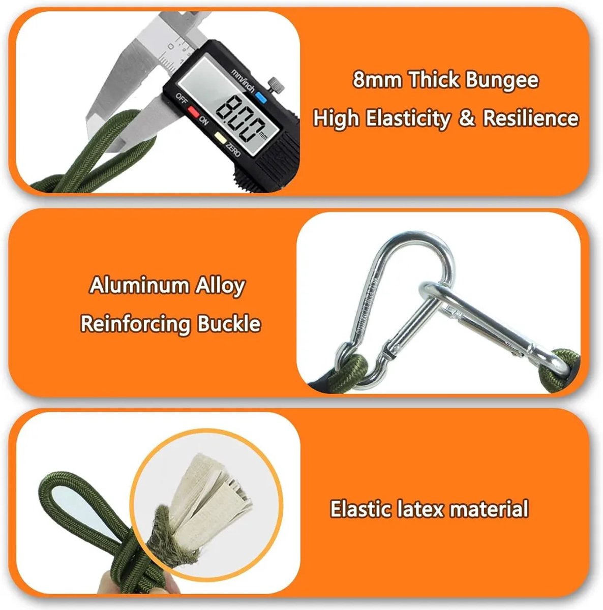 Een set van 4 elastische touwen van 30 cm en 60 cm lang, Geschikt voor karabiners, Geschikt voor fietsen/bagage/kamperen.