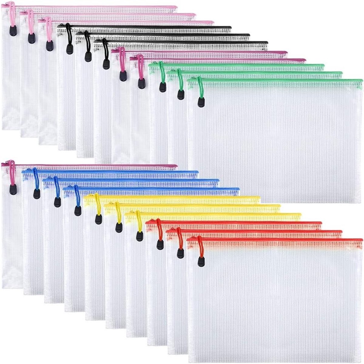 21-delige A5 Zipper Wallets - Plastic Mesh Documentenmap voor Cosmetica, Kantoorbenodigdheden en Accessoires in Diverse Kleuren