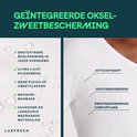 Wit T-shirt met V-hals met de tekst 'GEÏNTEGREERDE OKSEL-ZWEETBESCHERMING'. Kenmerken: 'ONZICHTBARE BESCHERMING IN IEDER OVERHEMD', 'ULTRA LICHT EN ADEMEND', 'GEEN RISICO OP ZWEEVLEKKEN', 'MACHINE-WASBAAR', 'DUURZAME EN LANGDURIGE MEEGAANDE MATERIALEN'.