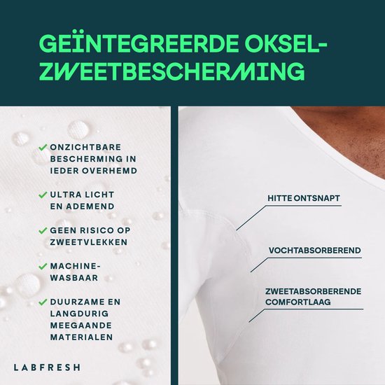 Wit T-shirt met V-hals met de tekst 'GEÏNTEGREERDE OKSEL-ZWEETBESCHERMING'. Kenmerken: 'ONZICHTBARE BESCHERMING IN IEDER OVERHEMD', 'ULTRA LICHT EN ADEMEND', 'GEEN RISICO OP ZWEEVLEKKEN', 'MACHINE-WASBAAR', 'DUURZAME EN LANGDURIGE MEEGAANDE MATERIALEN'.