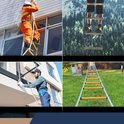 Collage: brandweerman gebruikt ladder bij gebouw; voeten op ladder in bos; man installeert ladder; gele ladder op gras.