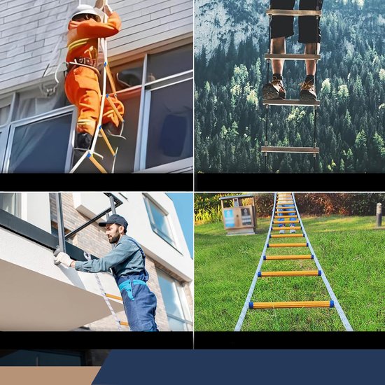 Collage: brandweerman gebruikt ladder bij gebouw; voeten op ladder in bos; man installeert ladder; gele ladder op gras.