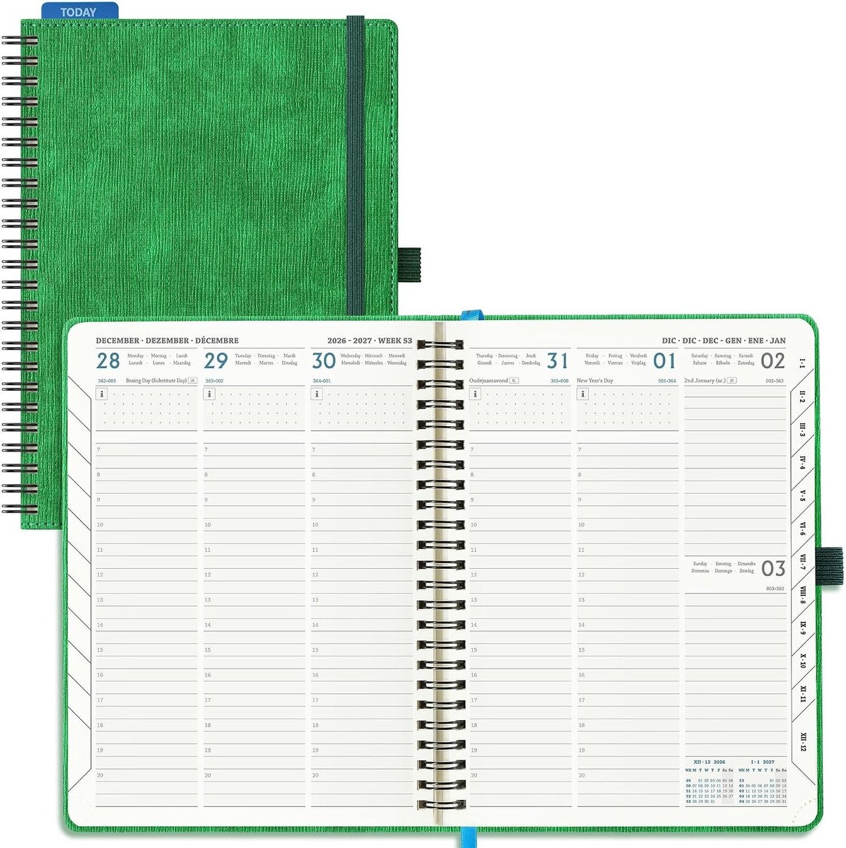 Agenda - Groen - Middel 21,9 x 16,2 cm - Zachte PU-Leren Spiraal - Voor Professionele en Persoonlijke Planning