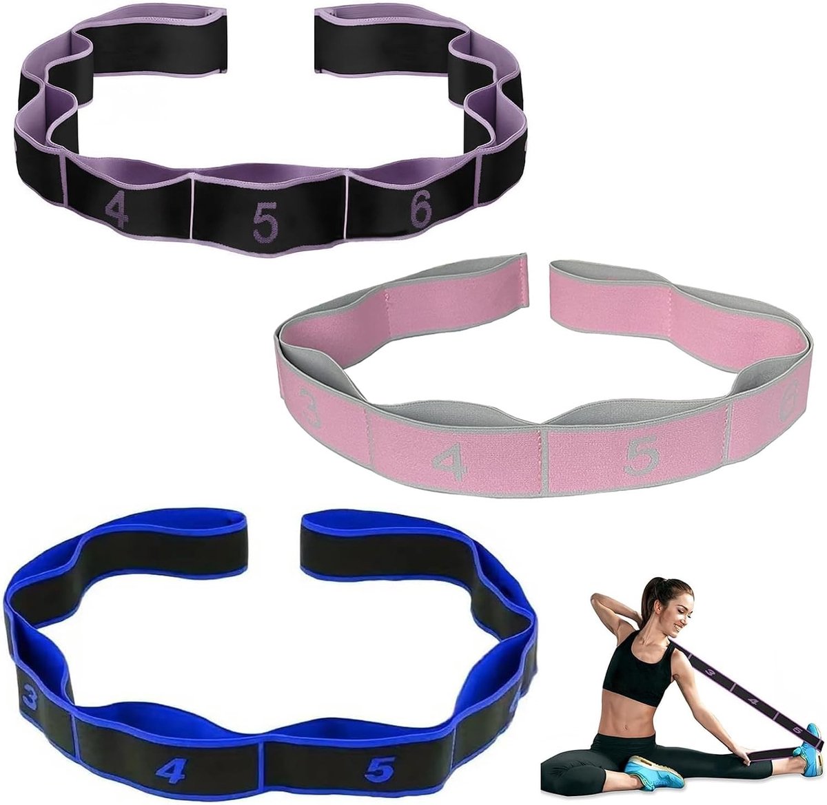 Drie elastische fitnessbanden van 90 cm in roze, blauw en paars - Ideaal voor yoga, revalidatie en houdingsoefeningen