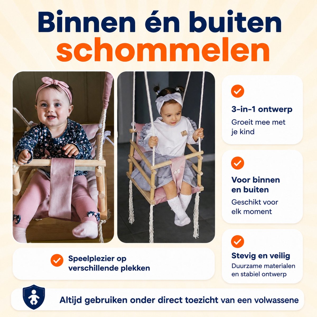 Trendmix Babyschommel Roze 3-in-1 – Houten Meegroei Kinderschommel – Vanaf 8 Maanden – Inclusief Ophanghaken – Tot 25 kg — afbeelding 5