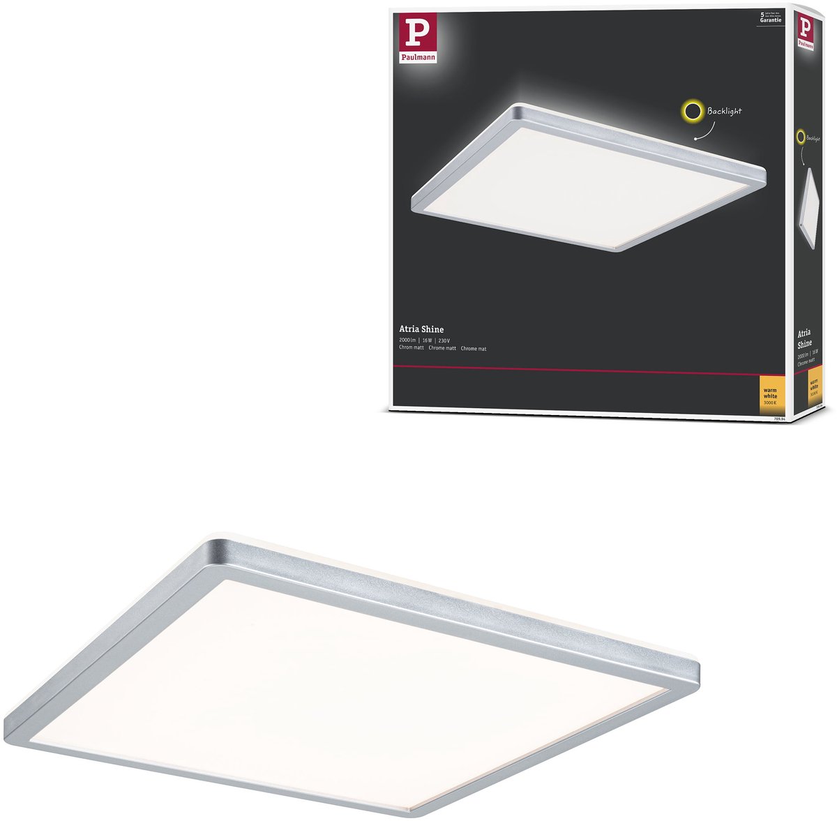 LED-paneel B-waar Atria Shine Backlight hoekig 293x293 mm 16W 1600lm 3000K Chroom mat