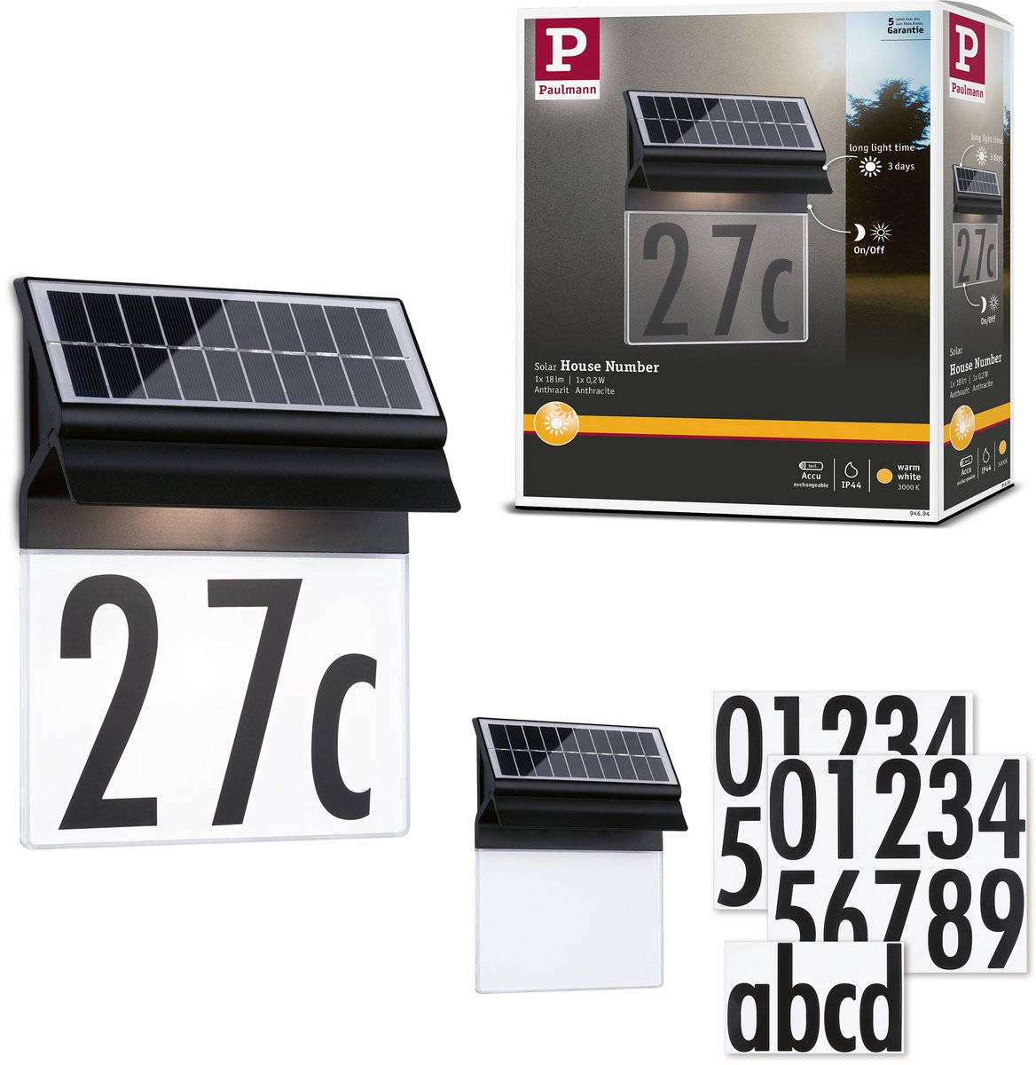 Solar LED-huisnummerverlichting B-waar Neda IP44 3000K 14lm Zwart