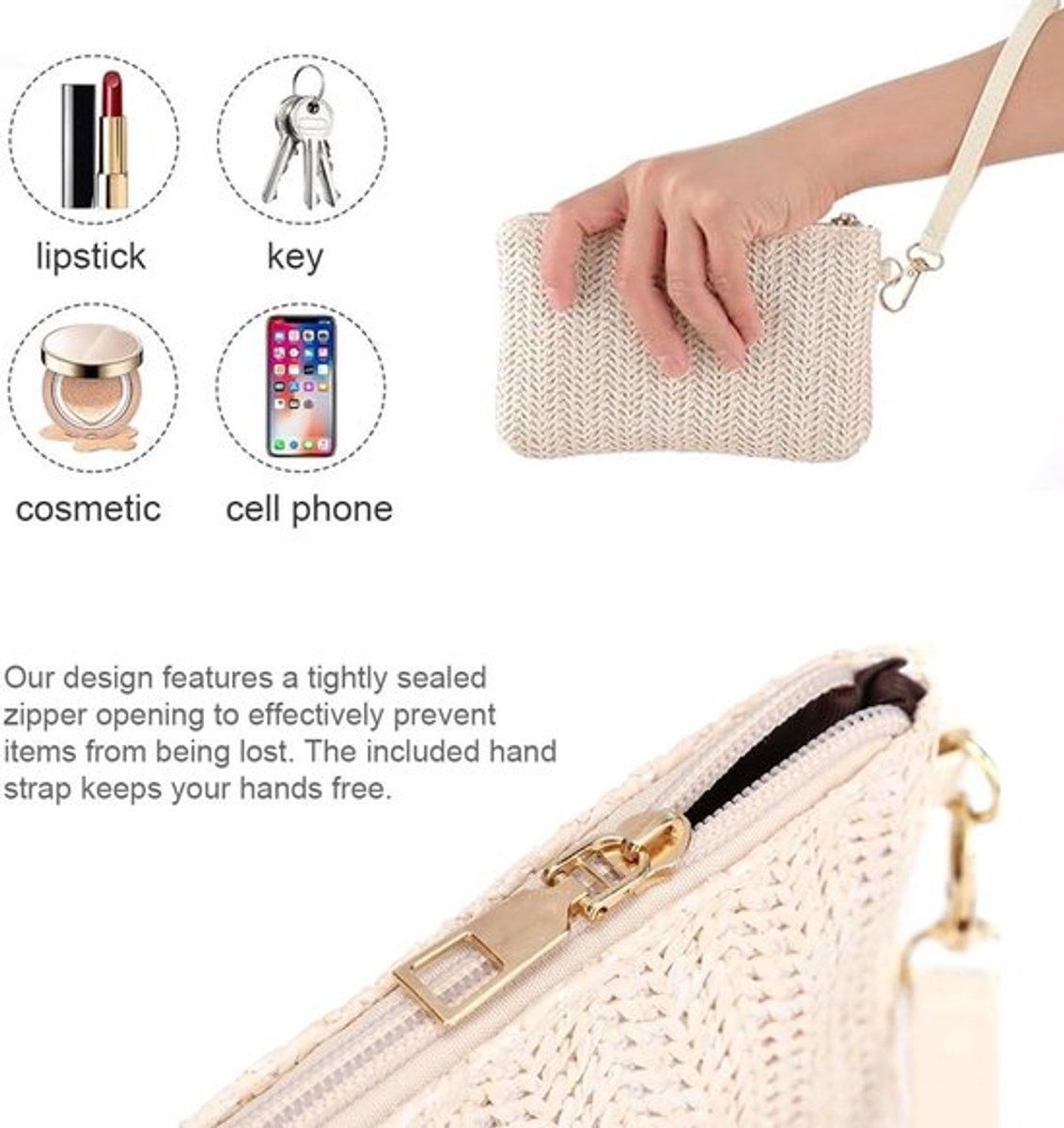 Allecto Plus - Strooien Tas Vrouwen - Bohemian Strandtas met Rits - Wit