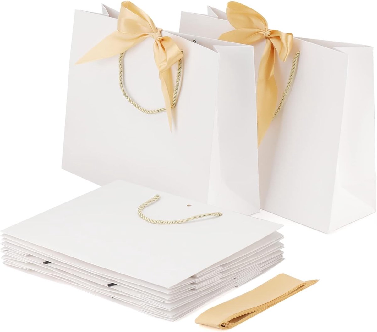 Set van 20 Witte Cadeautassen met Strik, 32 x 11 x 25 cm, Papieren Tassen met Handvat voor Verjaardag, Bruiloft en Feestjes