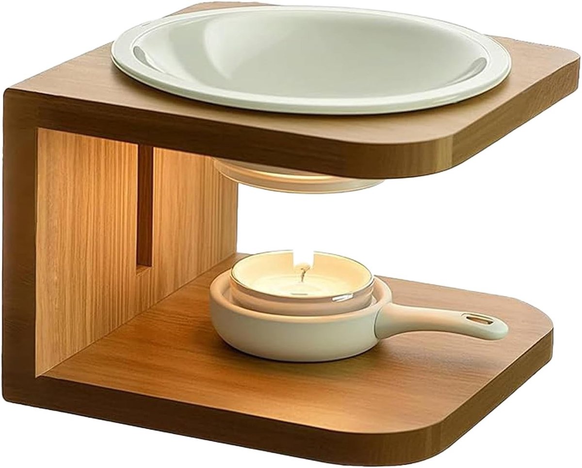 Aroma Lamp voor Etherische Olie, Geurkaarsen en Geurwax, Keramische Theelichthouder met Bamboe Design voor een Rustgevende Sfeer
