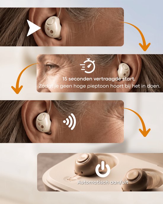 Stappenplan voor het dragen van beige hoortoestellen. "15 seconden vertraagde start" en "Automatisch aan/uit".