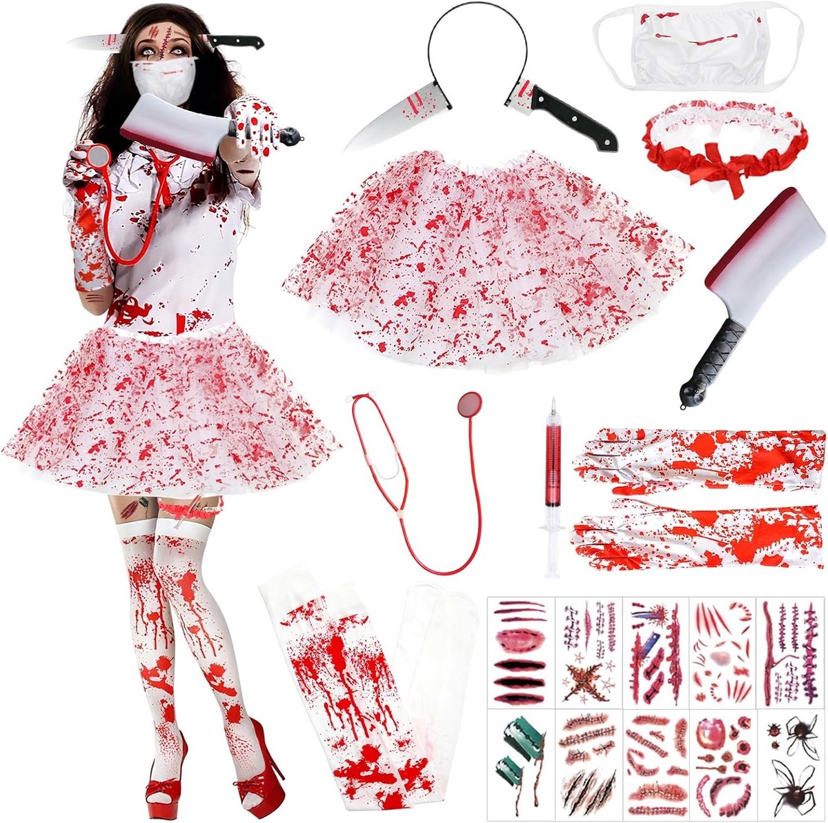 Zombie Verpleegster Kostuum voor Vrouwen met Tutu Rok, Stethoscoop, Mes en Hoofdband - Perfect voor Halloween en Carnaval Cosplay