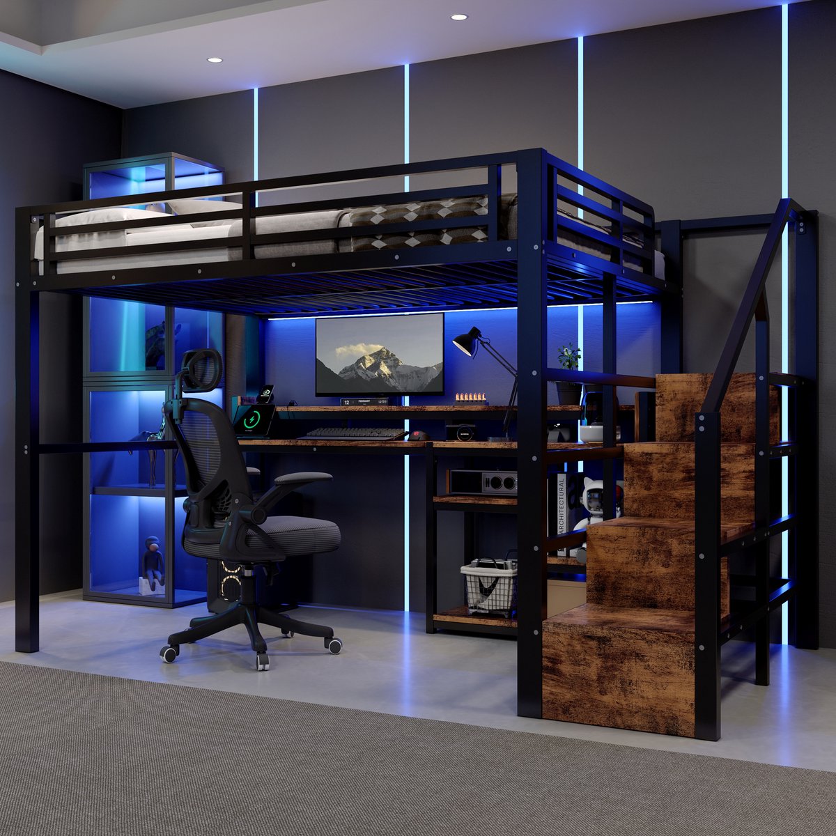 REDOM - Hoogslaper 140x200 cm zwart - Leiterschrank met bureau, LED verlichting & USB-C poorten