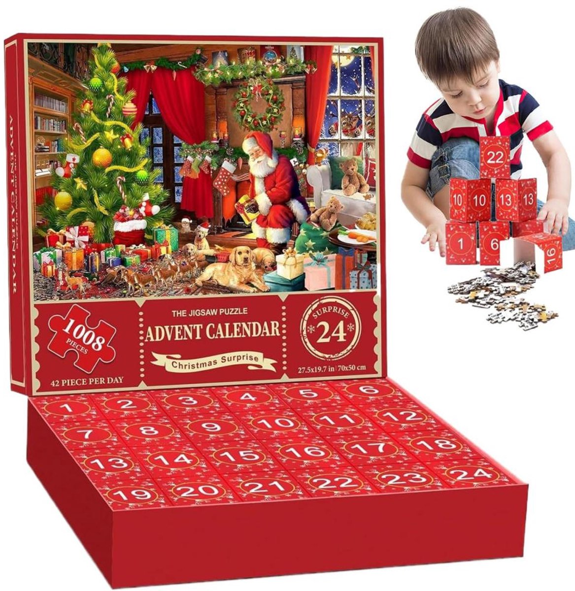 Adventskalender 2026 - 24 Box 1008 Stuks Kerst Kerstman - Kerstpuzzel - Santa's Presents - Puzzel - Aftelkalender - Kerstaftelkalender - Kerstkalender - Kalender - Sinterklaas cadeautjes - Legpuzzel Kerst - Kerst Cadeau voor Kinderen en Volwassenen