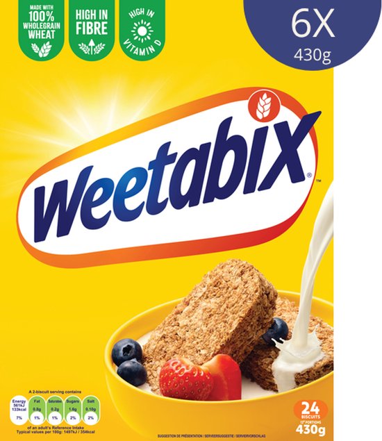 Gouden Weetabix met aardbeien en bosbessen in melk. "6X 430g".