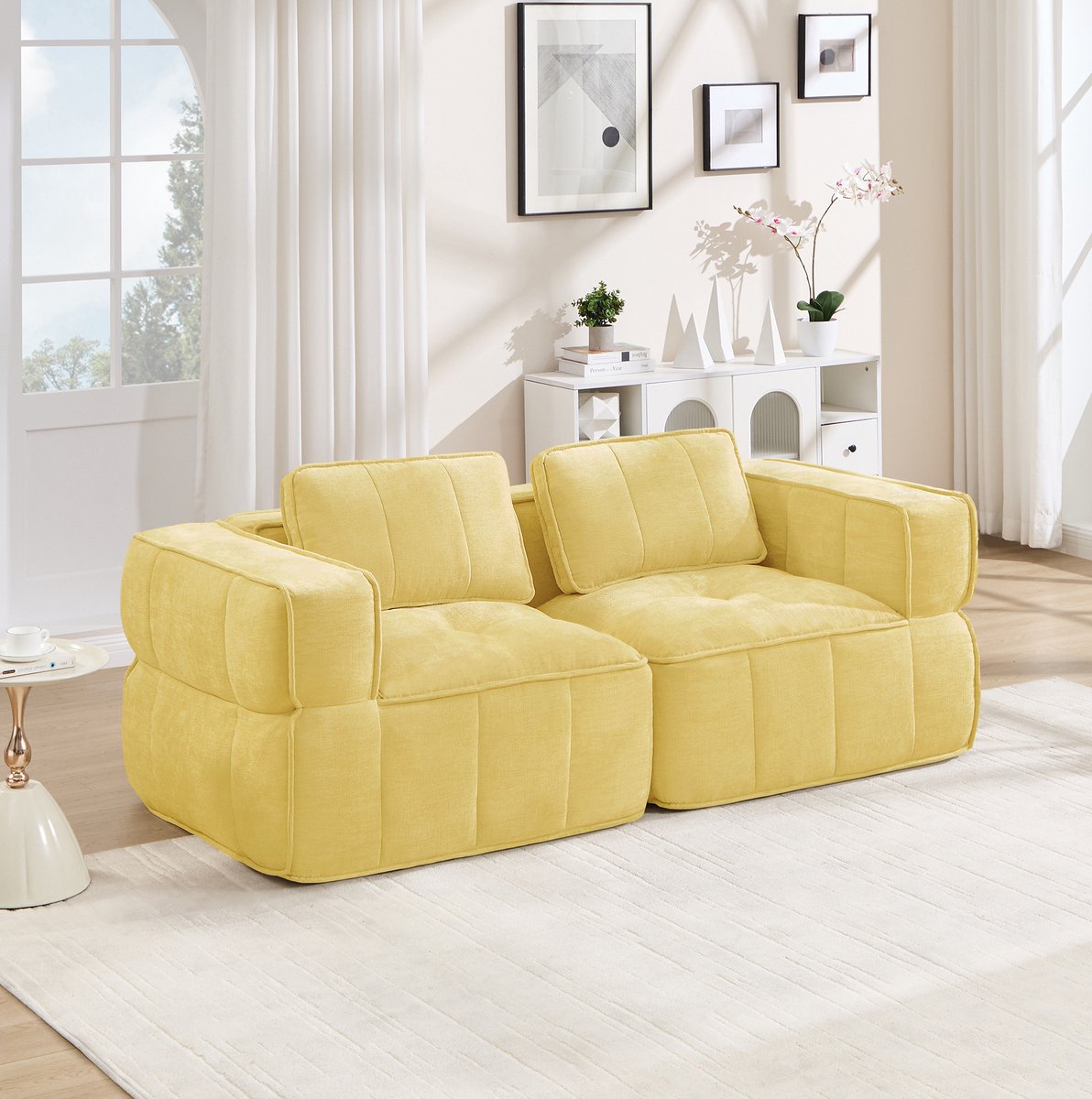 Wishdor Bank - 2-zits modulair hoekdesign - Zonder montage brede armleuningen diepe zit - Polyester geel - Voor woonkamer appartement - 198 x 93 x 67 cm