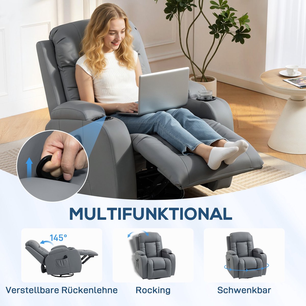 HOMCOM Massage Relaxstoel met Warmtefunctie - Relaxfauteuil - Tv-stoel - Ligstoel - Lichtgrijs – foto 4