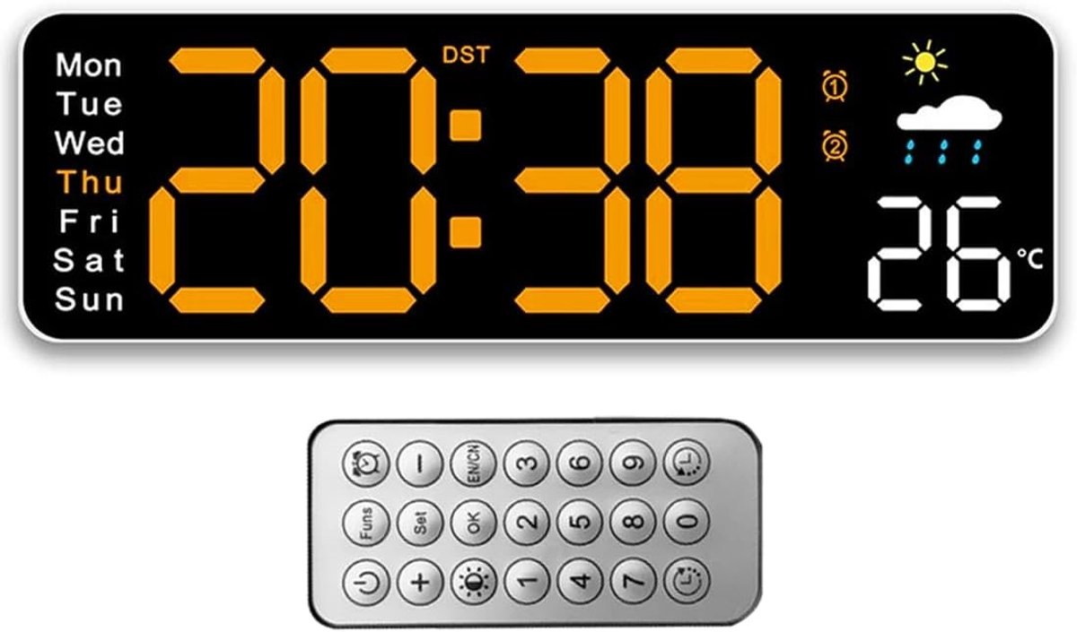 Digitale LED Wandklok met Afstandsbediening en Positieve Aftelling - Verstelbare Helderheid voor Woonkamer, Keuken en Kantoor (30CM, Oranje)