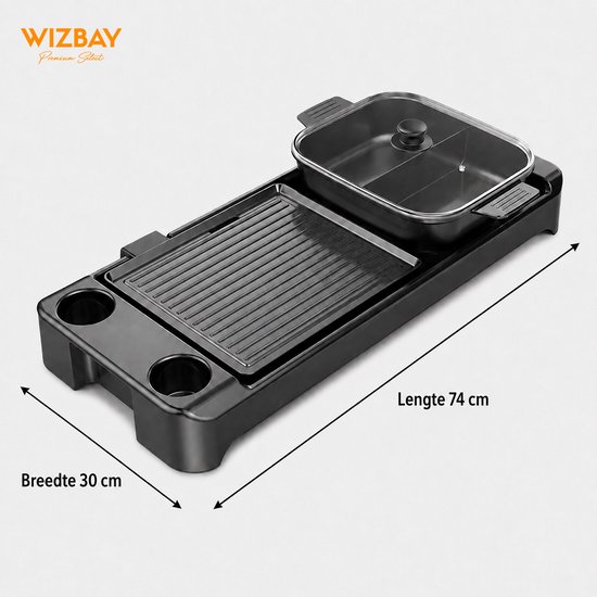 WizBay Premium Select® 3 in 1 Dual Aziatische Shabu HotPot - Hot pot - Funcooking - 2 Bouillon Gedeelte - Afneembare Pan en Grill - Gourmetten - Fondue - 6 tot 8 personen - 2200W - Anti Aanbak Laag - 70cm Lang — afbeelding 4