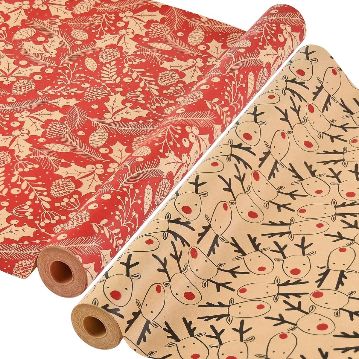 2 Rollen Kerst Inpakpapier 43cm x 15m, Groot Recyclebaar Kraftpapier voor Cadeaus, Feestdecoraties en Verjaardagen (Elk, Dennenappel en Spar)