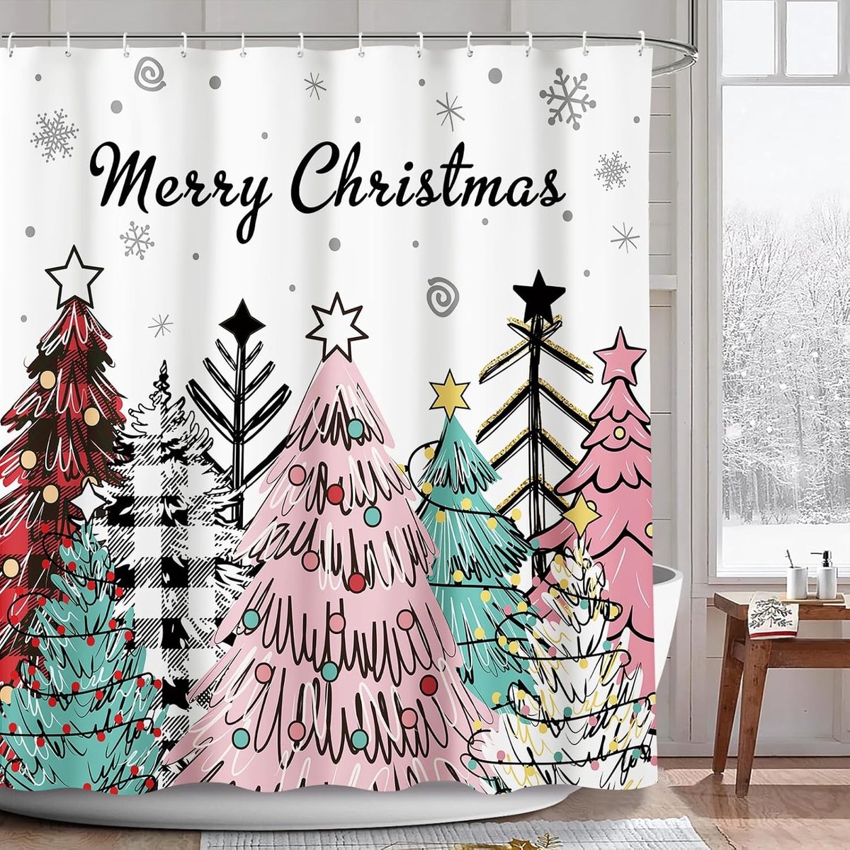 Kerst Douchegordijn in Winterse Kleuren met Buffalo Check Motief voor Badkamer, Waterdicht en Machinewasbaar, 180x180cm, Perfect voor Feestdagen en Nieuwjaar