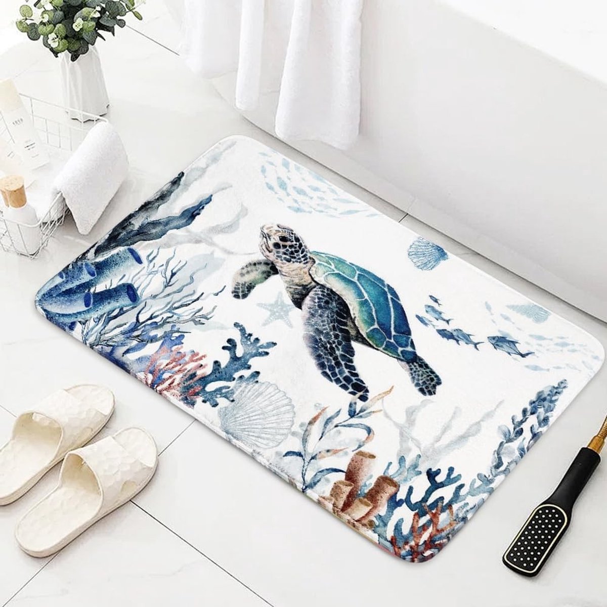 Zachte en Absorberende Badmat met Zee Schelpen en Sterren, Antislip, Ideaal voor Badkamer, Keuken en Woonkamer - 50x80cm