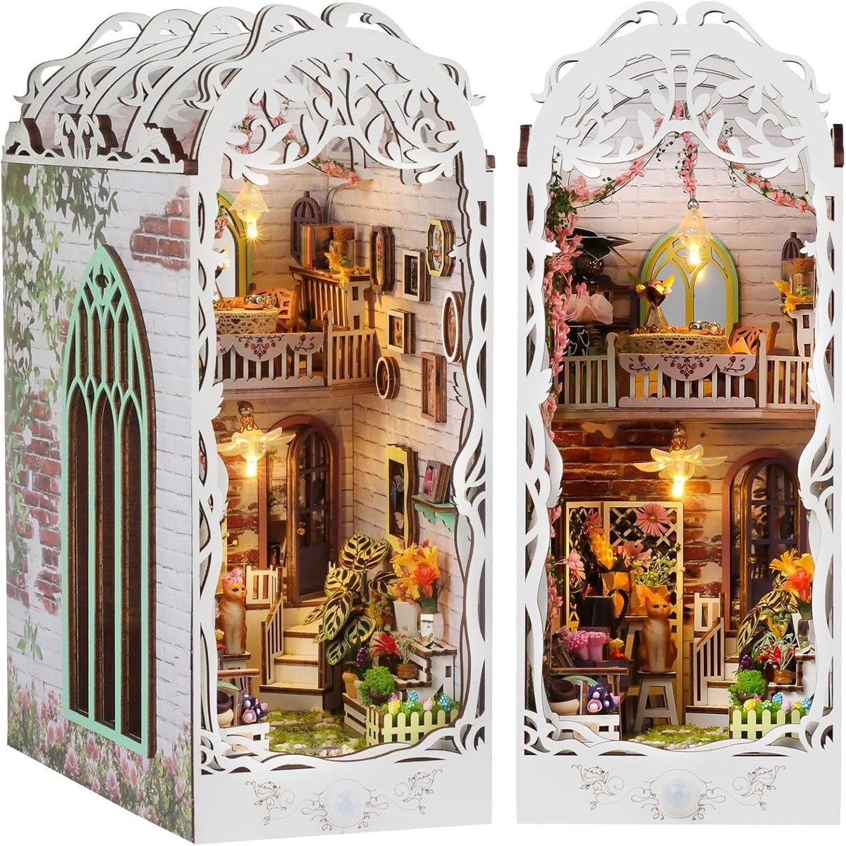 Book Nook Bouwpakket - Miniatuur Kas - DIY Houten Huisje - LED Verlichting - Met 5 Gereedschappen - Inclusief 50ml Lijm - Voor Boekenkast en Interieurdecoratie