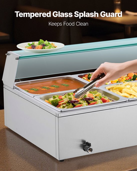 Commerciële Voedselverwarmer met 6 Halve Containers, 1,5 kW Elektrische Roestvrijstalen Verwarmer met Glazen Deksel en Lepel, Ideaal voor Catering, Restaurants en Evenementen — afbeelding 2