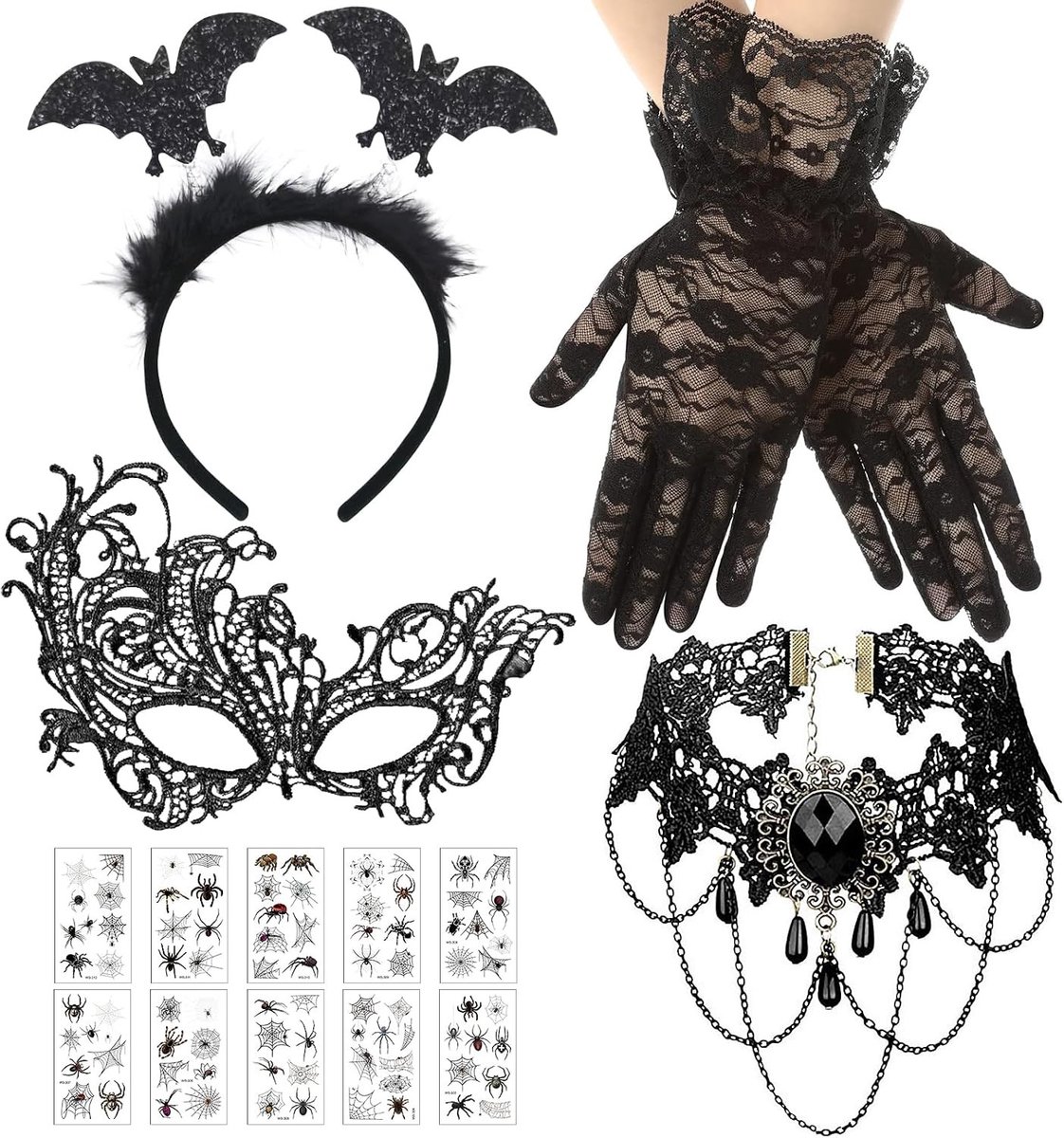 5/6 Stuks Halloween Steampunk Damesaccessoires, Kostuum met Bat Haarband, Oogmasker, Kanten Ketting en Halloween Tattoos voor Cosplay en Feestjes