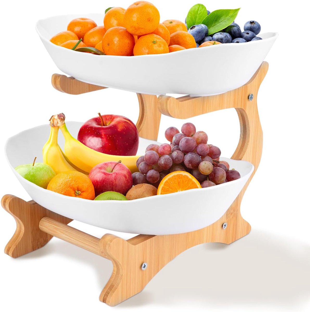 Fruitmandenstandaard - 2-Laags Fruitschaalhouder - Plastic Fruitschaal - Fruitschaal Met Bamboe Standaard