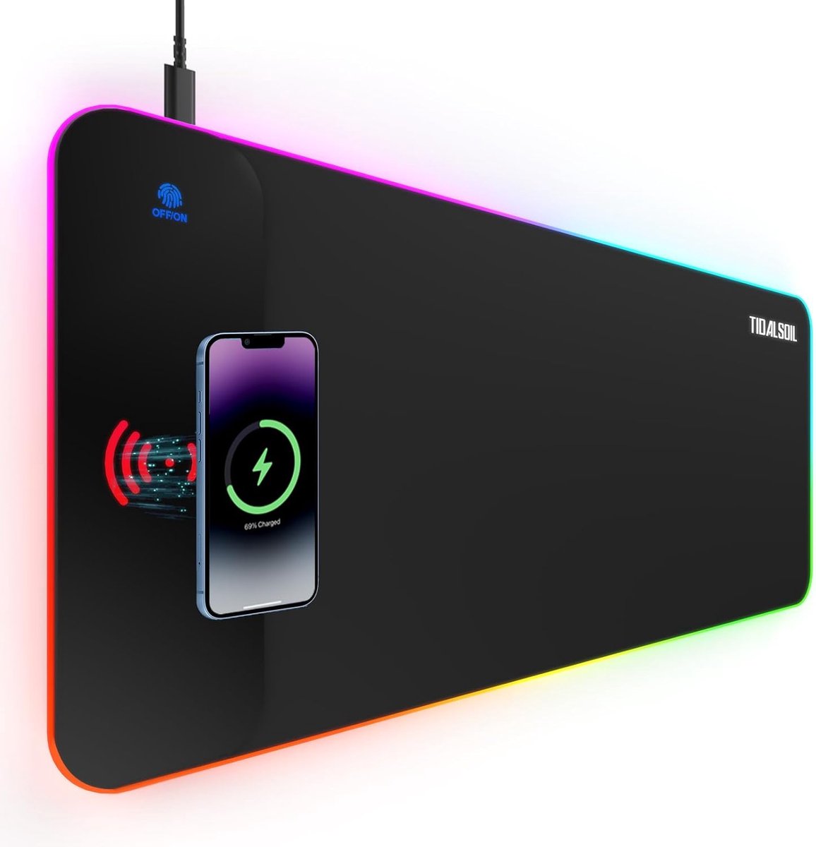 RGB Gaming muismat met draadloos opladen, XXL 800 x 300 mm verlichte muismat met 14 verlichtingsmodi, draadloos - ShopVlot