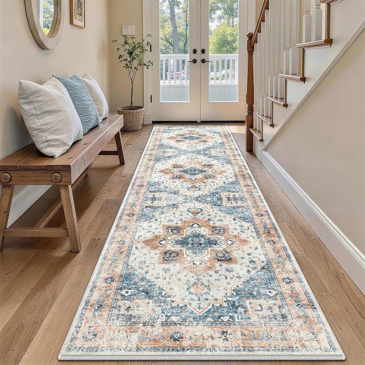 Tapijtloper - 80 x 240 cm - Microvezel - Laagpolig - Vintage oosters - Machinewasbaar - Blauw