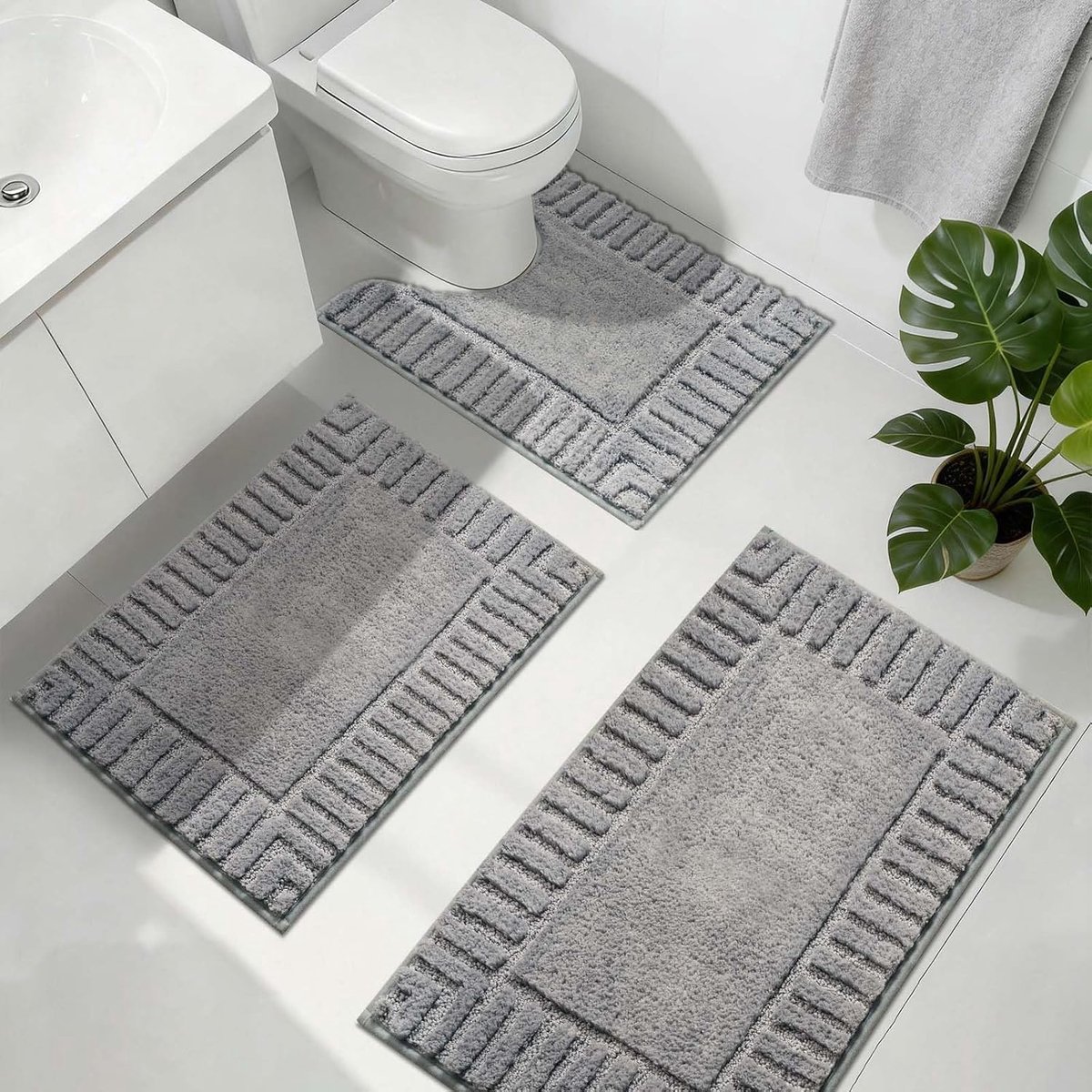 Toiletmat - Set van 3 - Microvezel - Antislip - Machinewasbaar - Grijs