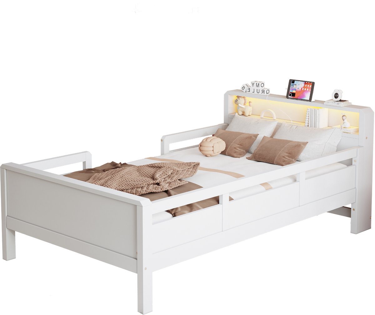 WUVRIE Kinderbed 90x200 cm met LED, laadpoort, opbergvak in hoofdbord en valhekje, wit