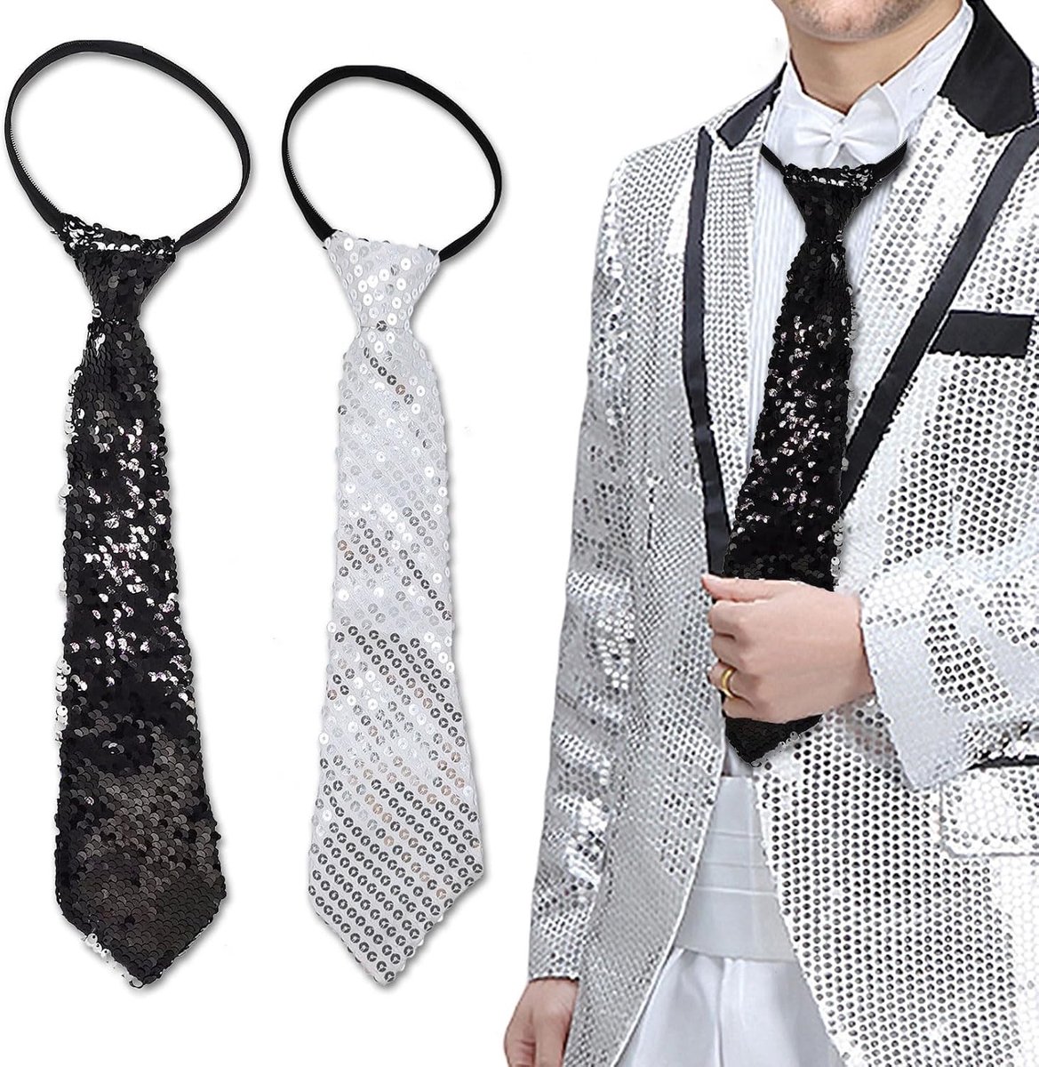 2 x Pailletten Stropdassen Zwart Zilver voor Kostuums, Feest, Disco en Carnaval - One Size
