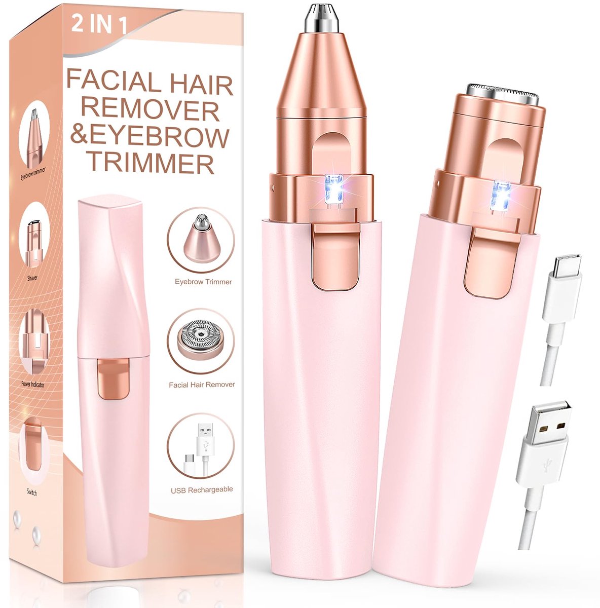 Wenkbrauwtrimmer 2 in 1 oplaadbaar gezichtshaar remover pijnloos elektrisch scheerapparaat met USB opladen voor dames