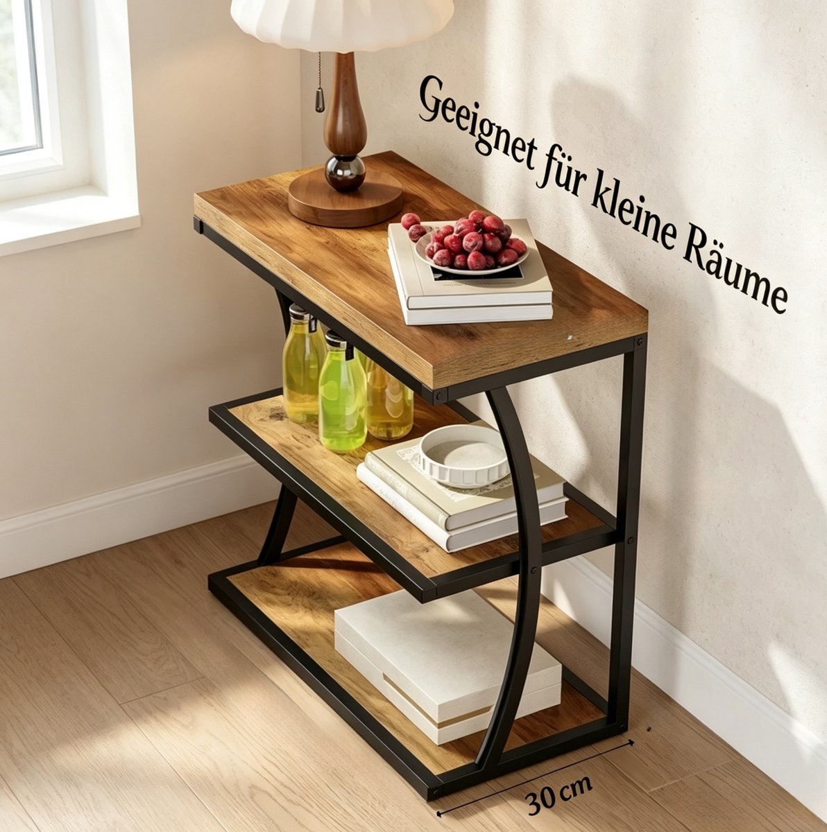 REDOM - Bijzettafel - 3-laags open opbergdesign - Metalen frame en houten tafelblad - Industriële stijl - Woonkamer en slaapkamer - Metaal en hout - Zwart en Bruin - 70 x 35 x 17 cm