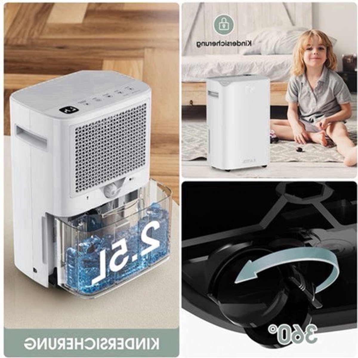 Luchtontvochtiger – Ontvochtiger – Vochtvreter – Droger – Vochtbestrijder – 20L Capaciteit – Stil Geluid <38dB – Wit – Automatische Vochtigheidssensor – 24-Uurs Timer – Grote 2,5L Tank – Mobiel Met Wieltjes