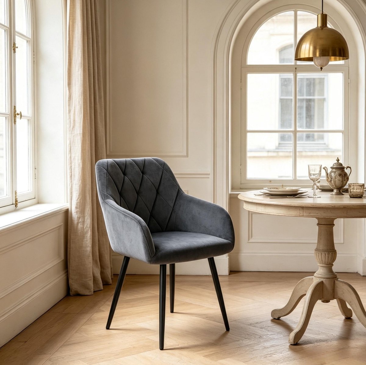 REDOM - Eetkamerstoel - Met armleuningen - Gepolsterde zitting - Metalen vierpoot - Moderne stijl - Woonkamer - Velvet - Donkergrijs - 79 cm
