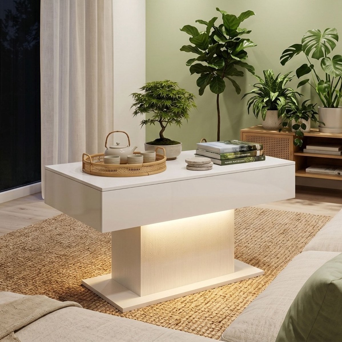 MODENUIT Salontafel - Met RGB LED En 2 Greeploze Lades - Voor Woonkamer - Hout Hoogglans Wit - 108x48x55 Cm
