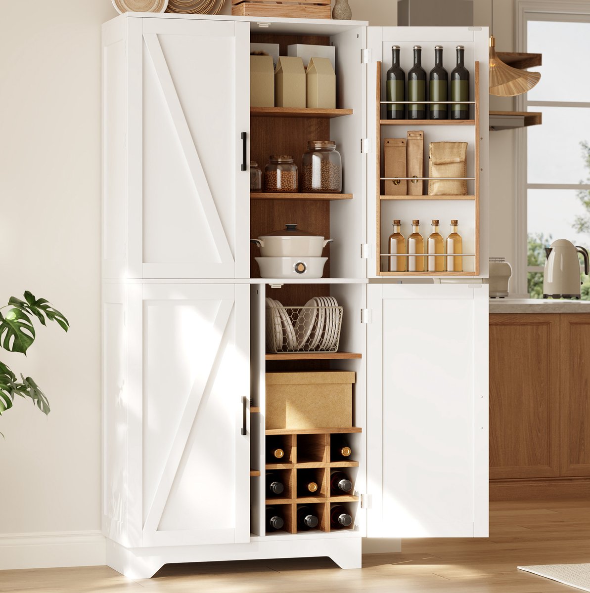 MIVRAY Keukenkast - Scheunedeur Ontwerp Met Wijnrek En Open Vak - Voor Keuken, Eetkamer En Woonkamer - MDF - Wit Natuurlijk - 80x40x180 Cm