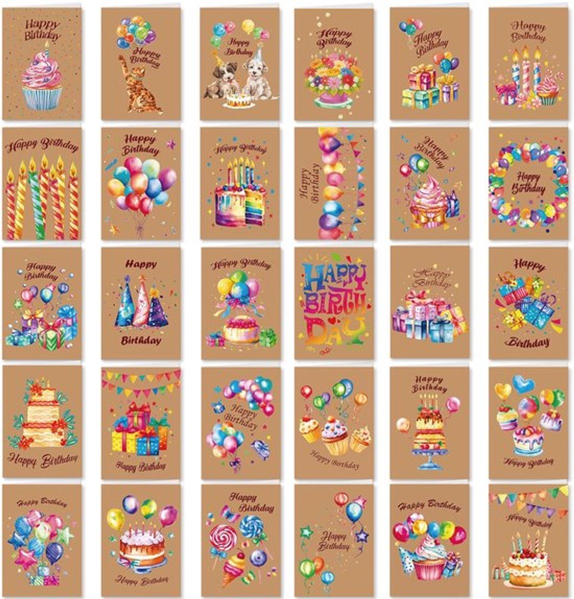 Dailygoods- Verjaardagskaarten set van 30 - Aquarel verjaardagskaarten