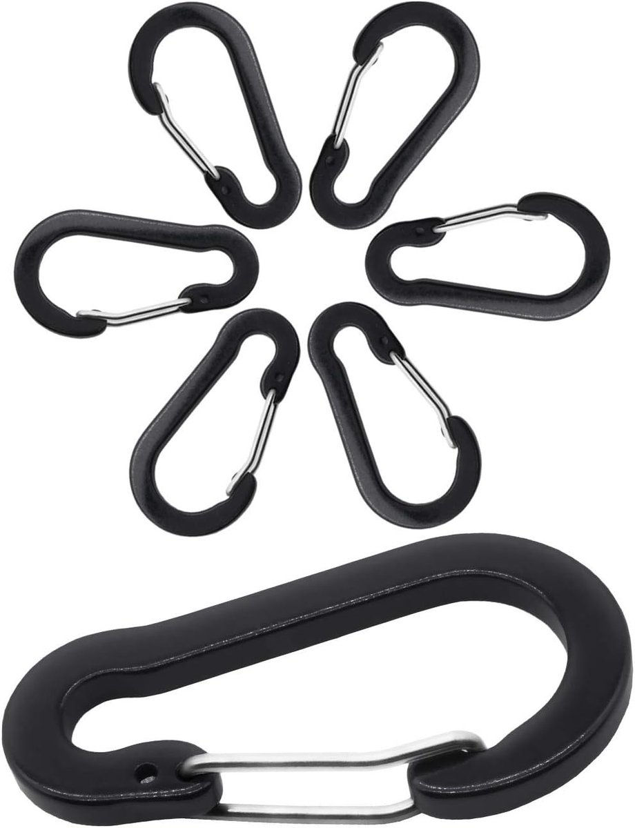 6 x aluminium karabijnhaken, clip-karabijnhaak, veerkarabijnhaak, riem, tent, kanoën, paracord, sleutelhanger, 5 cm, verpakking van 6 stuks, zwart