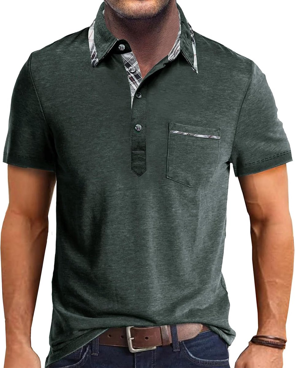 Herenpoloshirt met korte mouwen, klassieke knopen en contrasterende kleuren, T-shirt met zak, stijlvolle bovenkleding