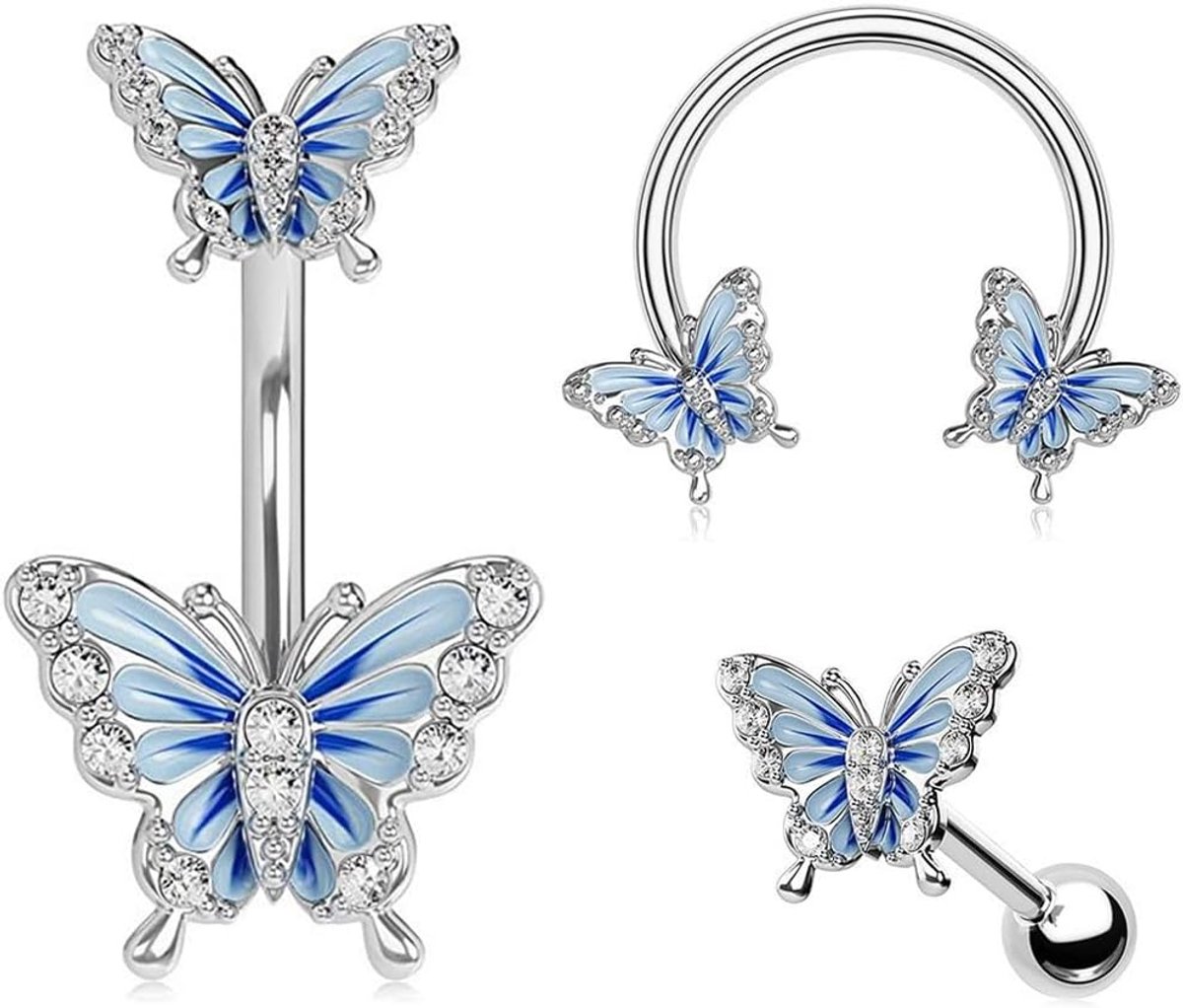 3 stuks, 16 g, helix, conch, sieraden, tragus, klinknagels, kraakbeen, blauwe vlinder, CZ roestvrij staal, bovenaan, helix-top, oorbel, oorstekers, ring, bar, cadeau voor vrouwen,