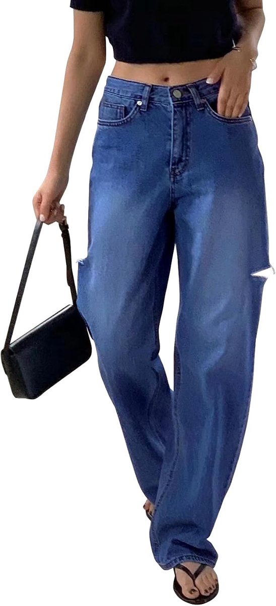 Jeans voor dames, met brede pijpen, zijopening, rechte broek, slijtvast met elastische jeans